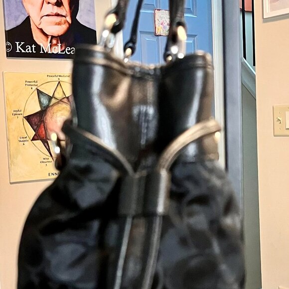 COACH 32702 Black Signature Drawstring Nylon Leather Double Straps Satchel Bag - Picture 4 of 10